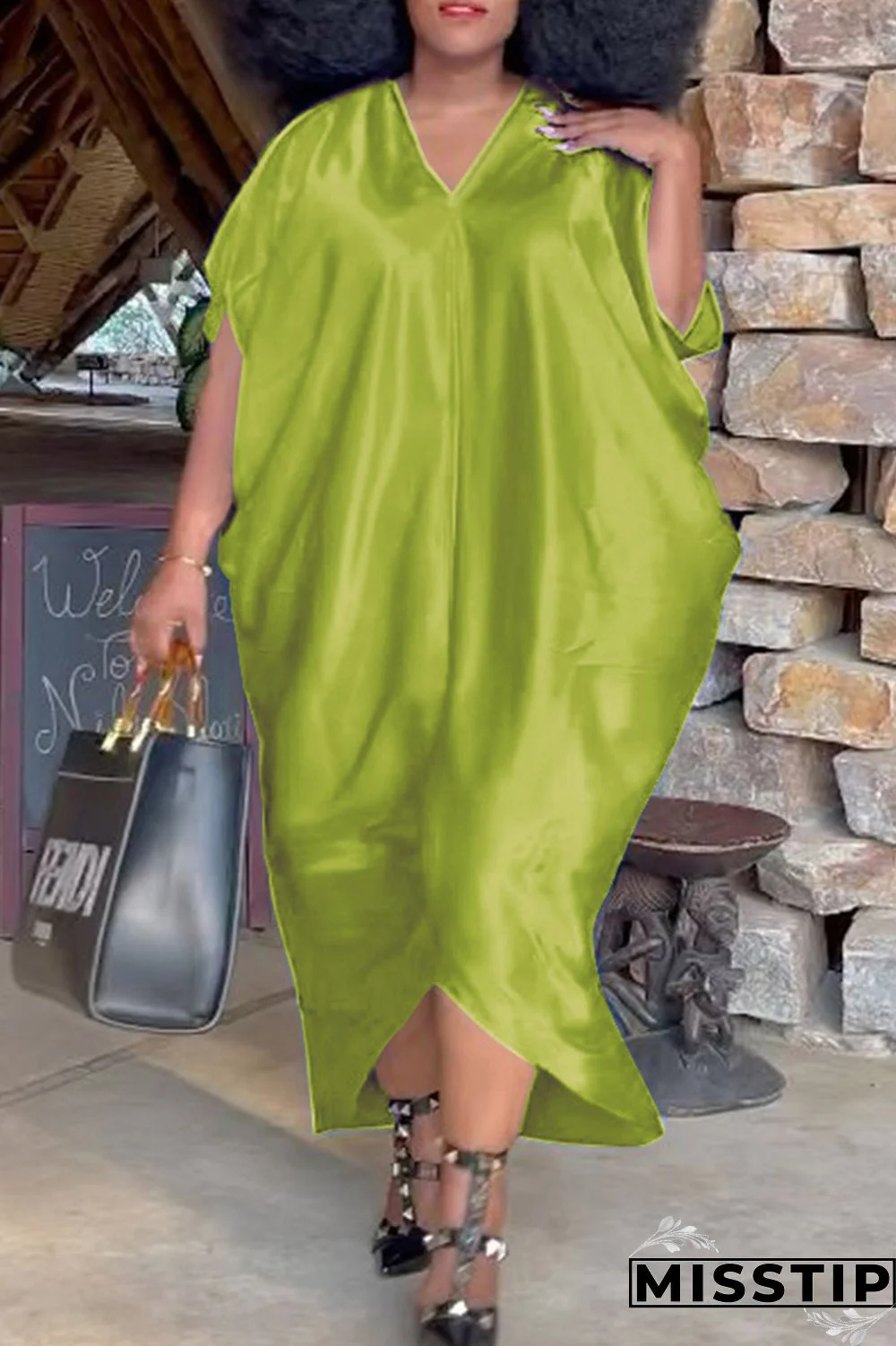 Fluorescent Green Fashion Casual Plus Size Solid Asymmetrical V Neck Short Sleeve Dress