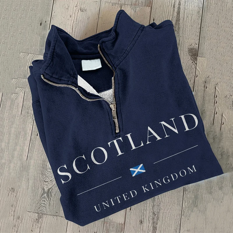 Vintage Scotland Travel Print Zipper V Neck Casual Sweatshirt