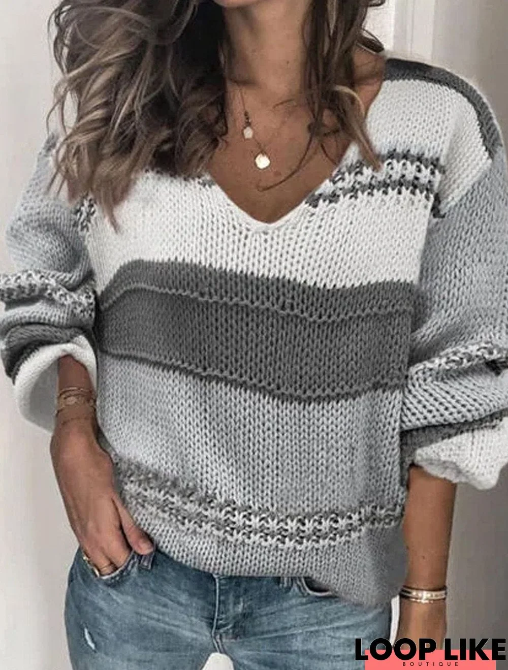 V-Neck Striped Casual Knit Pullover