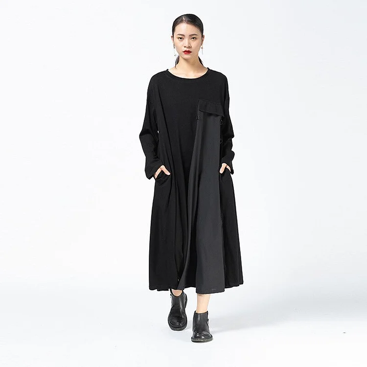 Fashion Loose O-neck Irregular Patchwork Long Sleeve Dress       