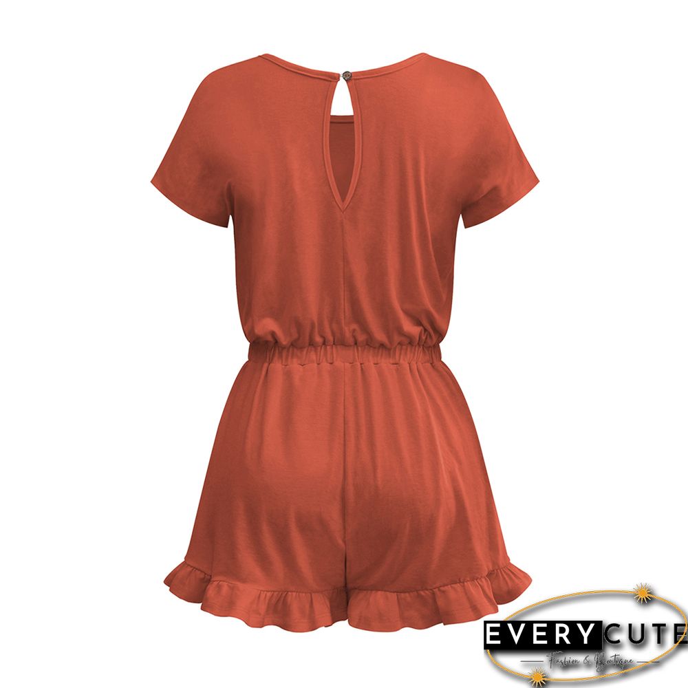 Rust Red Button Ruffle Detail Pocketed Romper