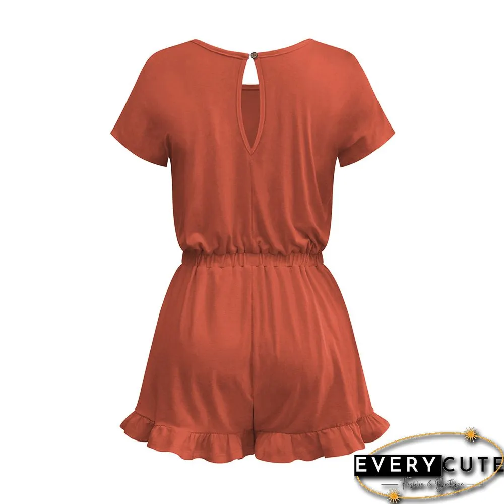 Rust Red Button Ruffle Detail Pocketed Romper