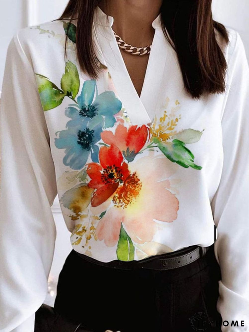 Casual Floral Long Sleeve V Neck Printed Top | IFYHOME