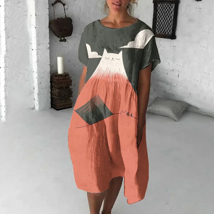 Abstract Creative Cute Mountain Cat Pattern Drawing Print Art Midi Dress