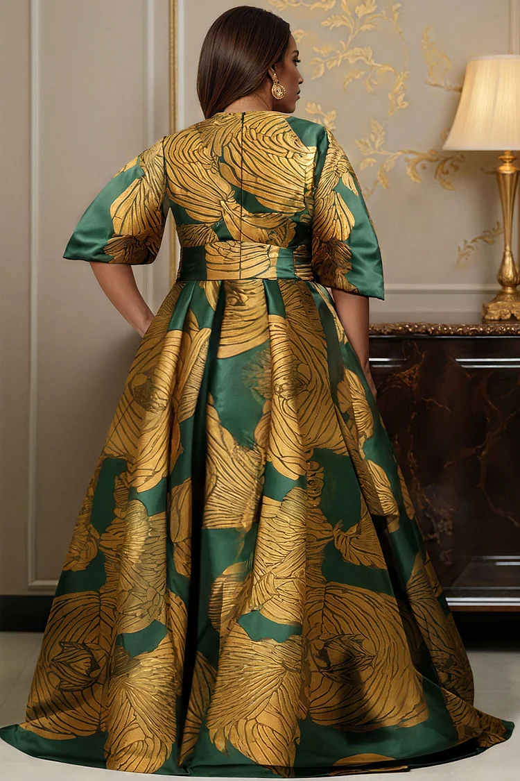 Xpluswear Design Plus Size Formal Green African Ankara Wrap Neck 3/4 Sleeve Peplum Satin Maxi Dresses