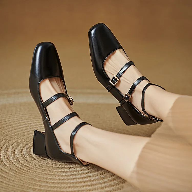Solid Color Multi Straps Buckles Square Toe Chunky Heels