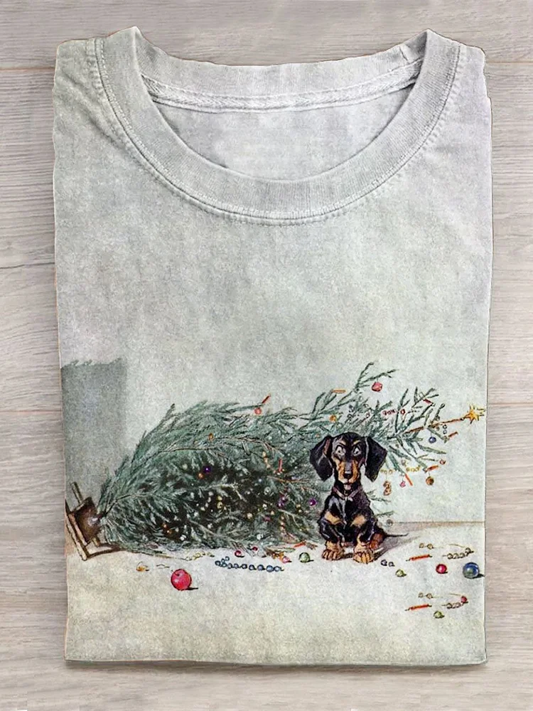 Fallen Christmas Tree And Innocent Dachshund Print T-Shirt