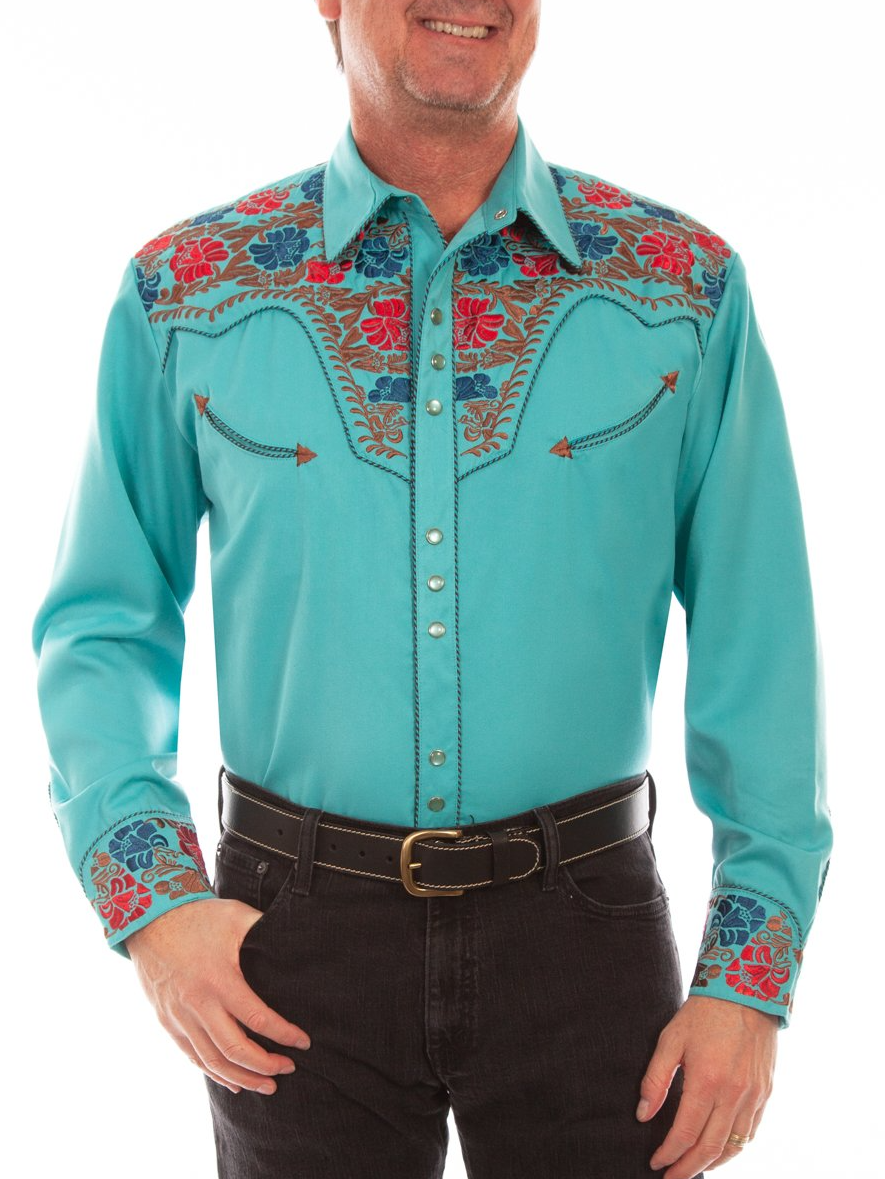 Men's Turquoise Blue Smart Slim Fit Floral Printed Twill Cotton Casual Shirt