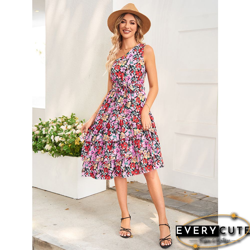 Pink Floral Print Tiered Ruffle One-shoulder Dress