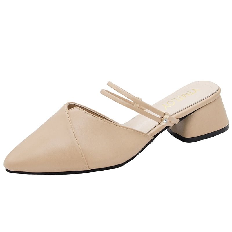 2020 Party Women Mules Slipper Pointed Toe Block Strap Closed Shallow High Heels Shoes Sandals Black Beige Square heel Pumps