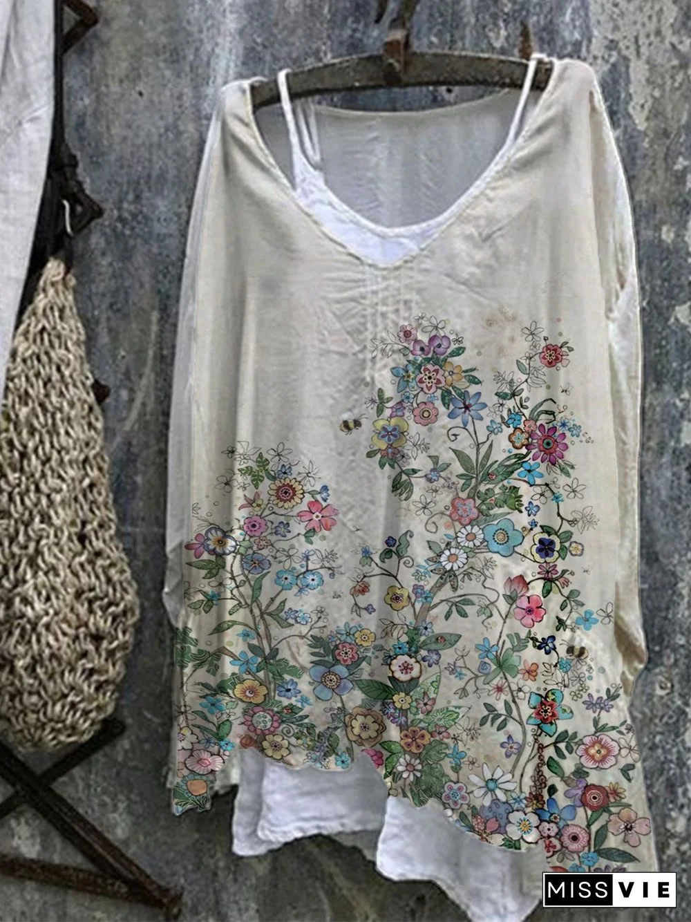 A-Line Floral 3/4 Sleeve Casual Tops