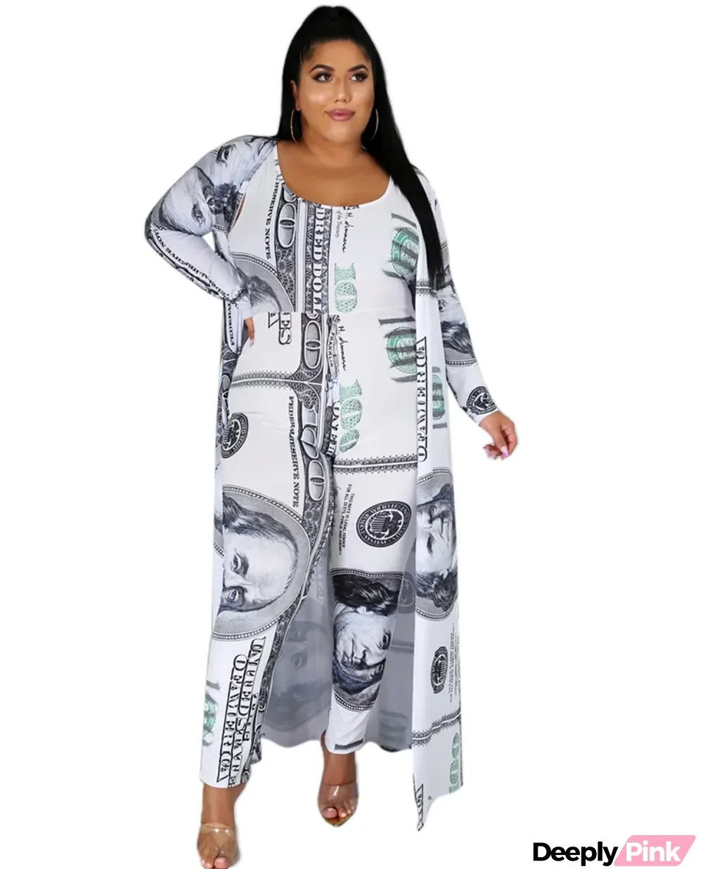 Plus Size Autumn Dollar Print Jumpsuit with Matching Long Coat