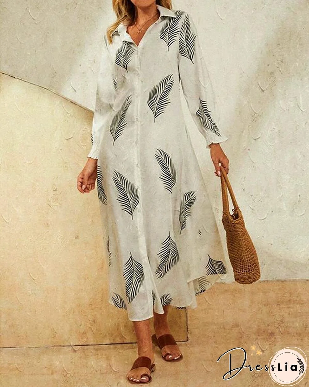 Leaves Print Lapel Button Long Sleeve Maxi Shirt Dress