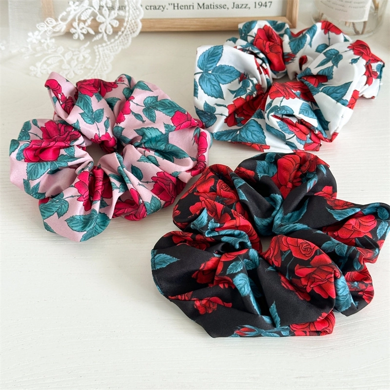 2024 Summer New Rose Print Large Intestine Hair Band French Sweet Flower Style Hair Band Updo Hair Rubber Band