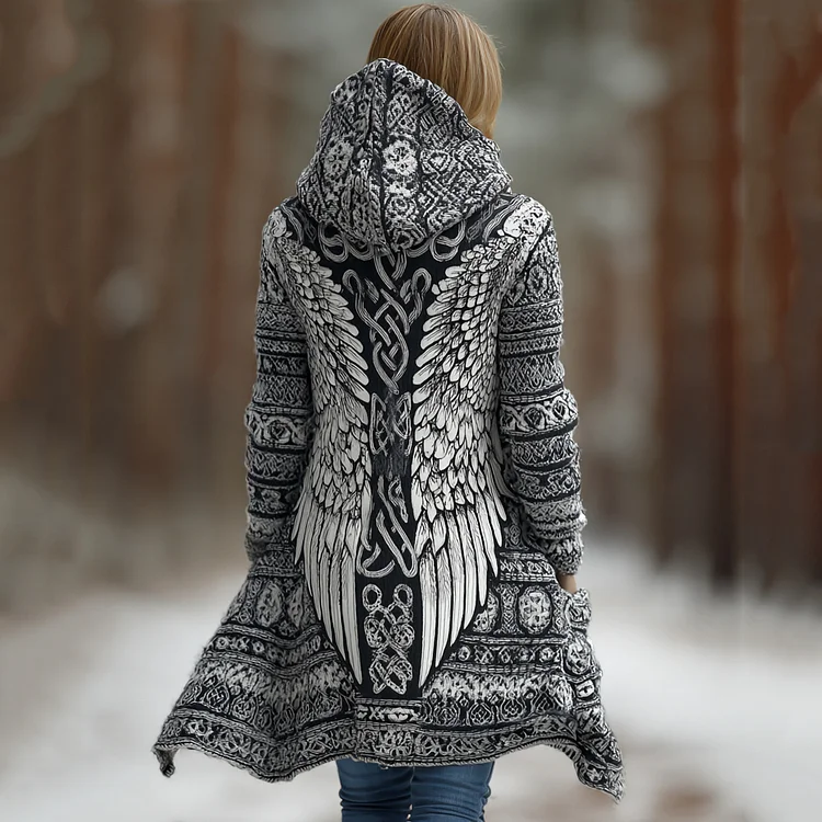 Women's Viking Wings Print Knit Hooded Cardigan