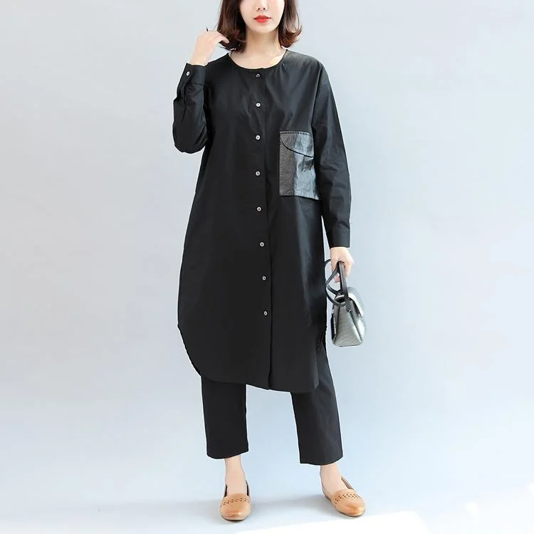 black pockets patchwork cotton blouse oversize o neck shirt dress