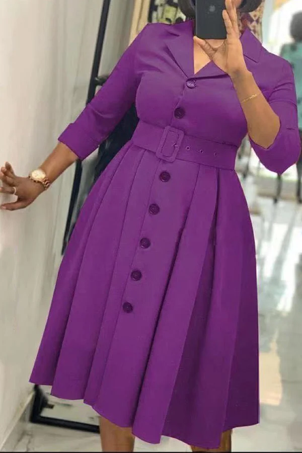 Commuter 3/4 Lenght Sleeve Lapel Belt A-Line Single Breasted Mini Dress
