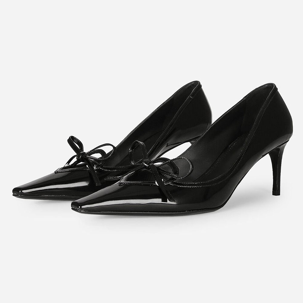 Black Patent Pointed Toe Kitten Heel Pumps Shoes with Bow Accent Nicepairs