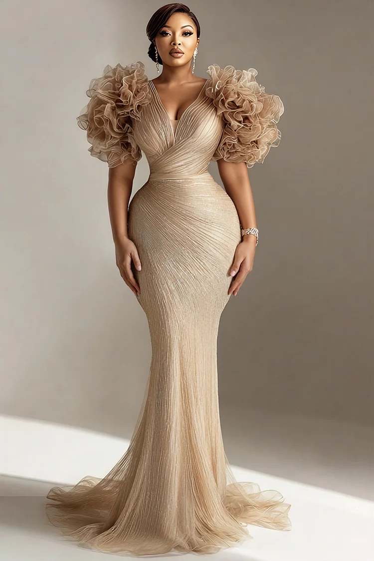 Xpluswear Design Plus Size Mother Of The Bride Champagne V Neck Bodycon 3D Tulle Maxi Dresses [Pre-Order] 2024 - Xpluswear