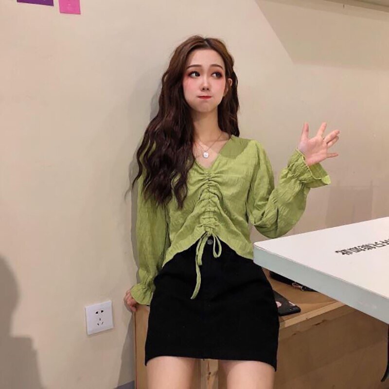 Ruffles Top Women Lace Up Blouse Long Sleeve V Neck Basic White Shirt High Waist Cropped Autumn 2021 Sexy Club Party New
