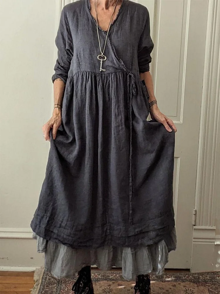 Casual Raw Trim Pocket Lace-Up Tiered Midi Dress