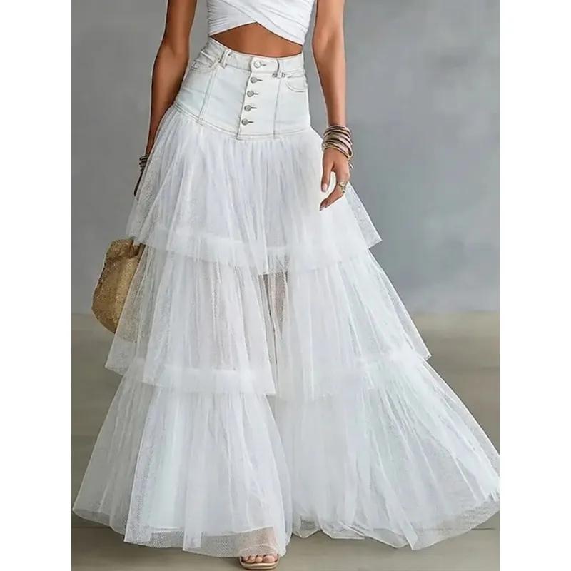 Women High Waist Denim Patchwork Tiered Tulle Maxi Skirt
