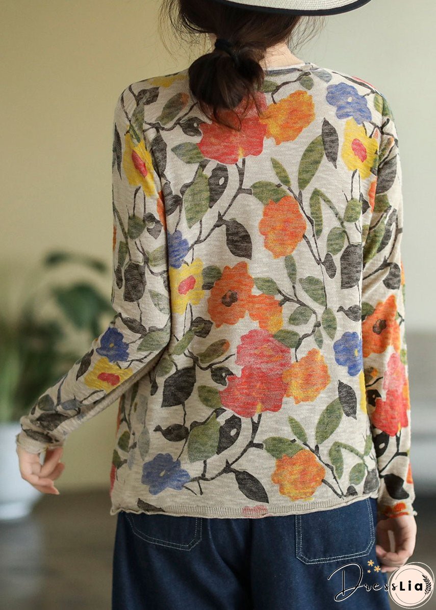 Women Beige O-Neck Print Knit Tops Fall