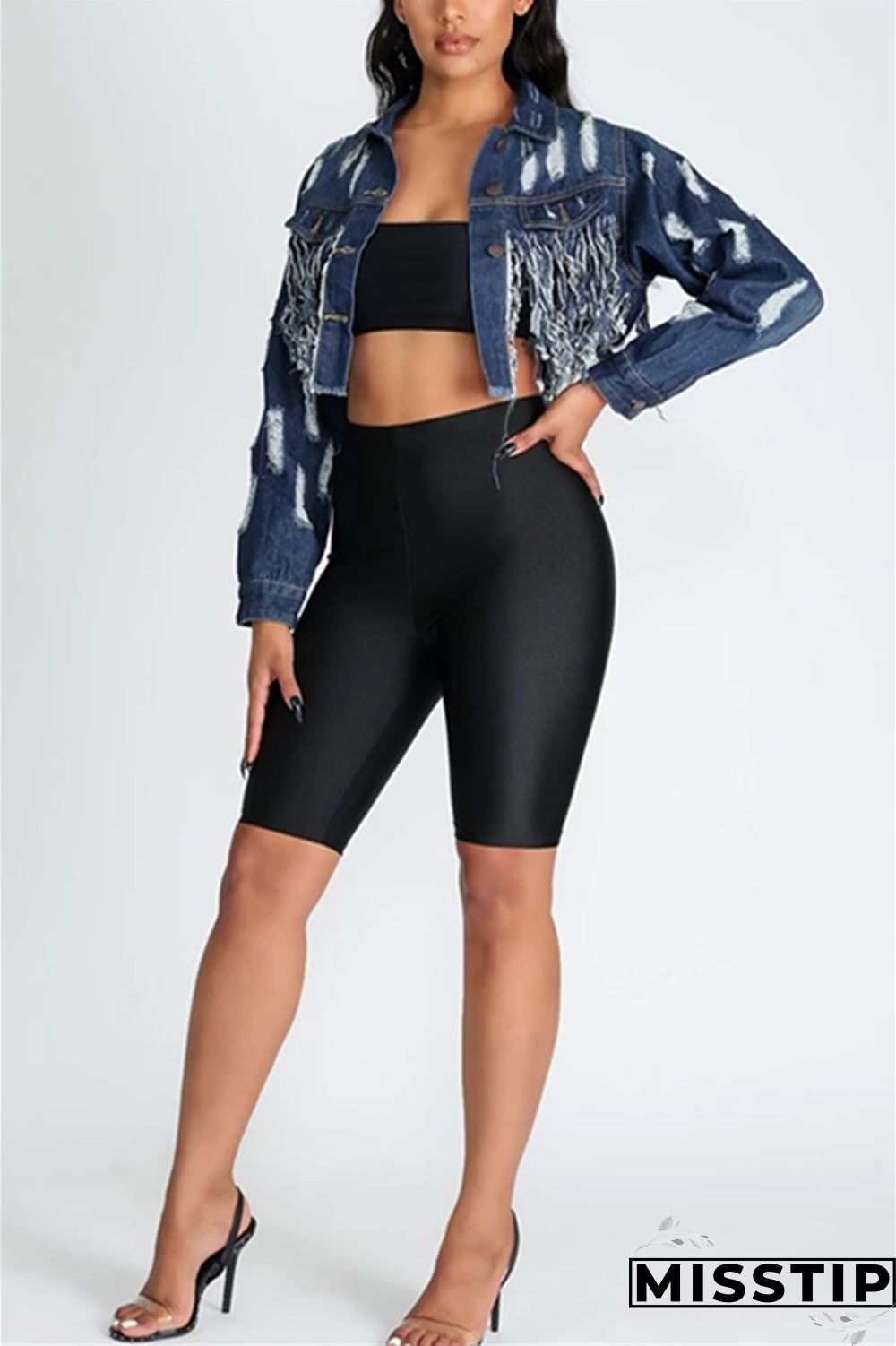 Dark Blue Fashion Hole Tassel Halter Back Navel Denim Coat