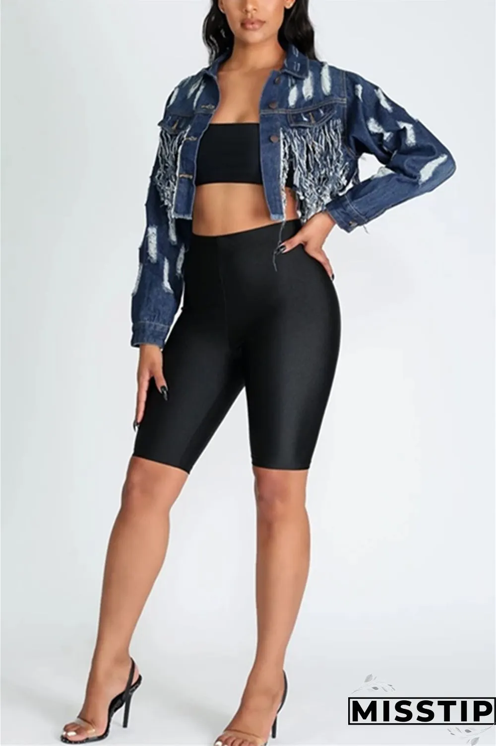 Dark Blue Fashion Hole Tassel Halter Back Navel Denim Coat