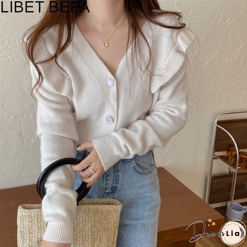 Joskka New Women's Autumn Winter Sweaters Buttons Cardigans Vintage Korean Knitted Ruffle Fashionable Elegant Lady Tops