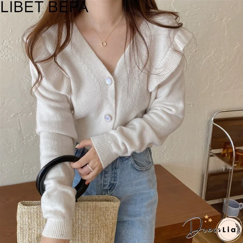 Joskka New Women's Autumn Winter Sweaters Buttons Cardigans Vintage Korean Knitted Ruffle Fashionable Elegant Lady Tops
