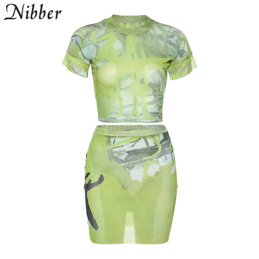 Nibber Summer New Two-piece Short-sleeved Skirt Round Neck And Waist Tight Design Green Irregular Print Pattern For Street Women