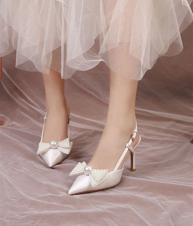White Satin Closed Toe 3'' Stiletto Heel Slingback Pumps with Bow Nicepairs