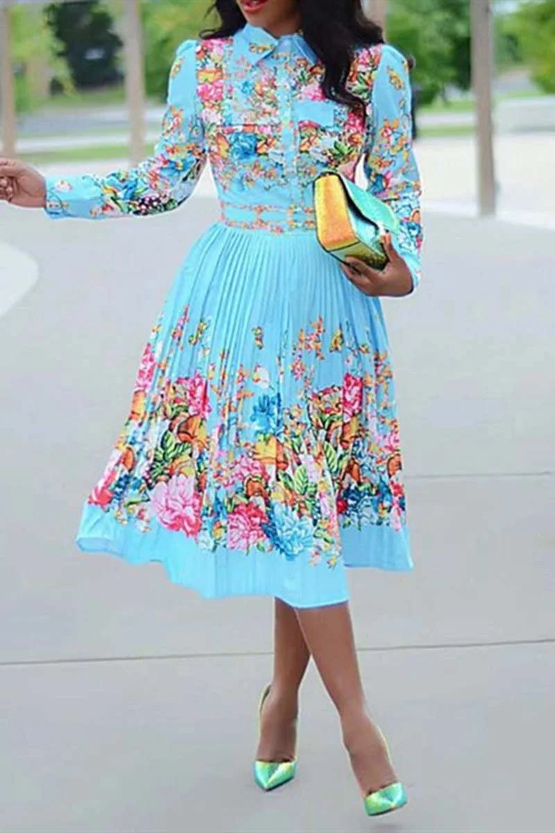 Fashion Long Sleeve Pleated Print Dresses