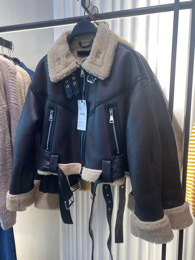 Toloer Toloer VAREY LIN New Winter Faux Lamb Fur Leather Short Jacket Women High Street Lapel Zipper Pu Coat with Belt Thick Warm Outwear 1127-1-Outfit Ideas