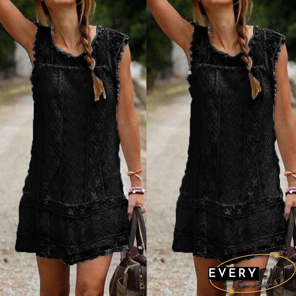 (S-5XL)Fashion Summer Dress Women Casual Sleeveless Short Dress Tassel Solid White Mini Lace Dress Plus Size
