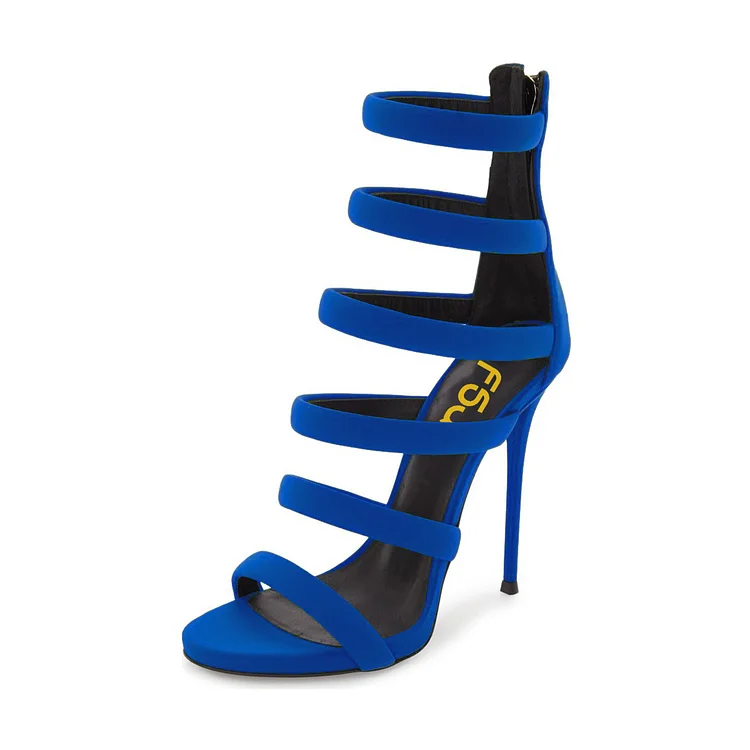 Royal Blue Heels Vegan Suede Stilettos Gladiator Sandals for Ladies |FSJ Shoes