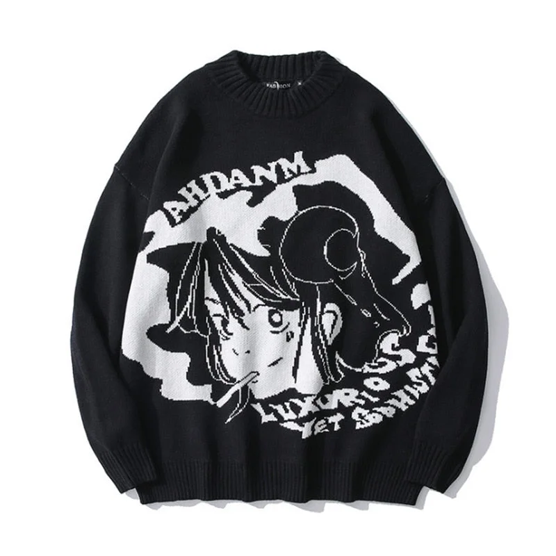 Aonga Hip Hop Streetwear Sweater Men 2023 Autumn Cotton Loose Vintage Retro Japanese Style Anime Girl Knitted Pullovers
