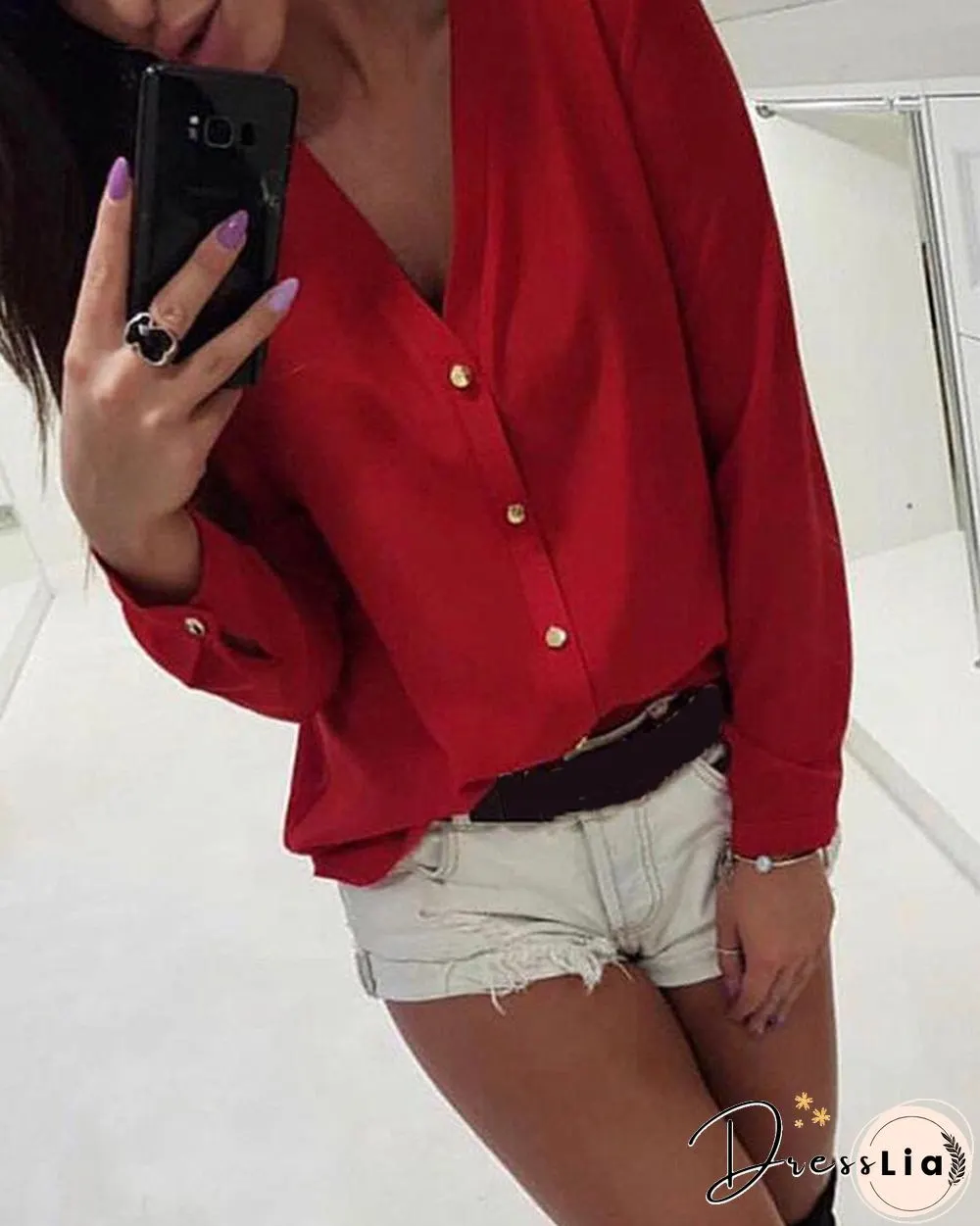 V Neck Chiffon Button Up Blouse P16120