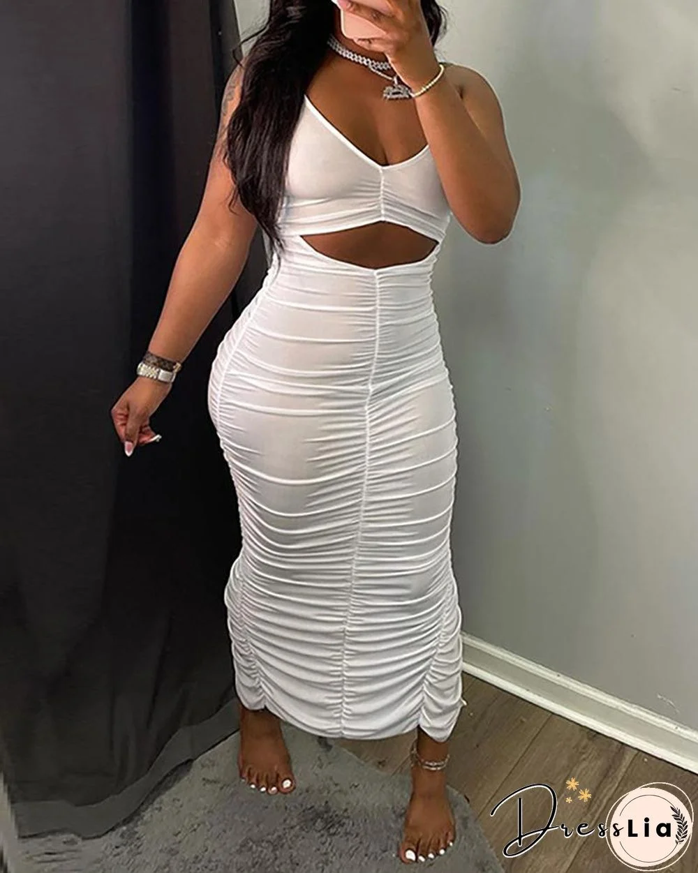 Halter Backless Cutout Ruched Slit Maxi Dress