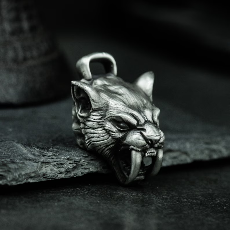 3D engraved titanium saber-toothed tiger necklace