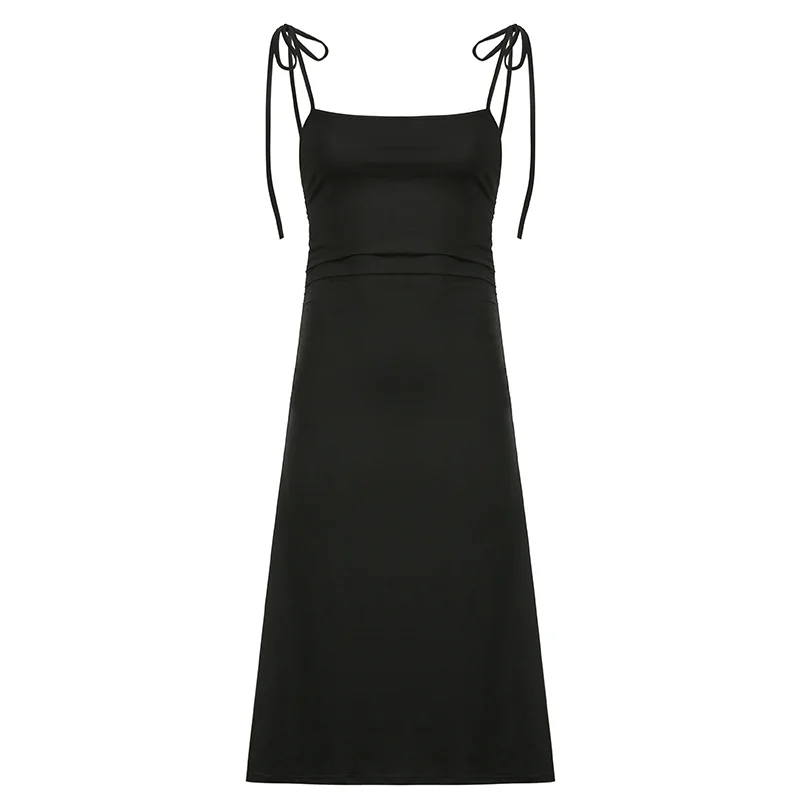 Brownm Brownm New Black Slip Dress Women's Side Waist Small Draw Pleated Waist Show Thin Dress