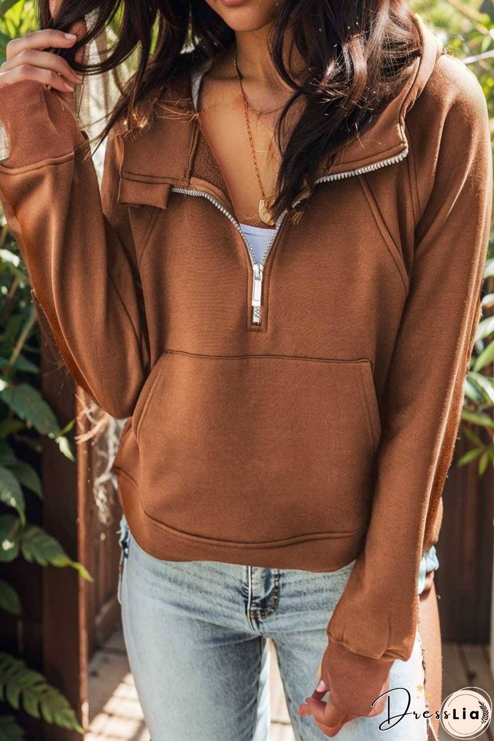 cozy brown hoodie with kangaroo pocket and quarter zip