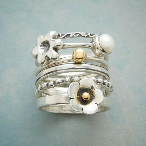  Silver Flower Pearl Set Ring