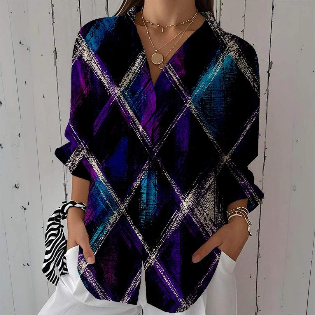 Style & Comfort for Mature Women Women Checkered, Purple, Blue DZCL0343 3/4 Sleeve Shirt Collar Printed Button Tops
