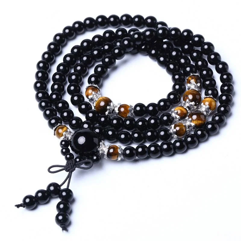 108 Beads Natural Black Obsidian Tiger Eye Mala Necklace Bracelet