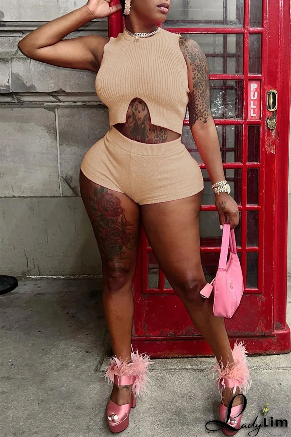 Pink Fashion Casual Solid Basic O Neck Sleeveless Two Pieces