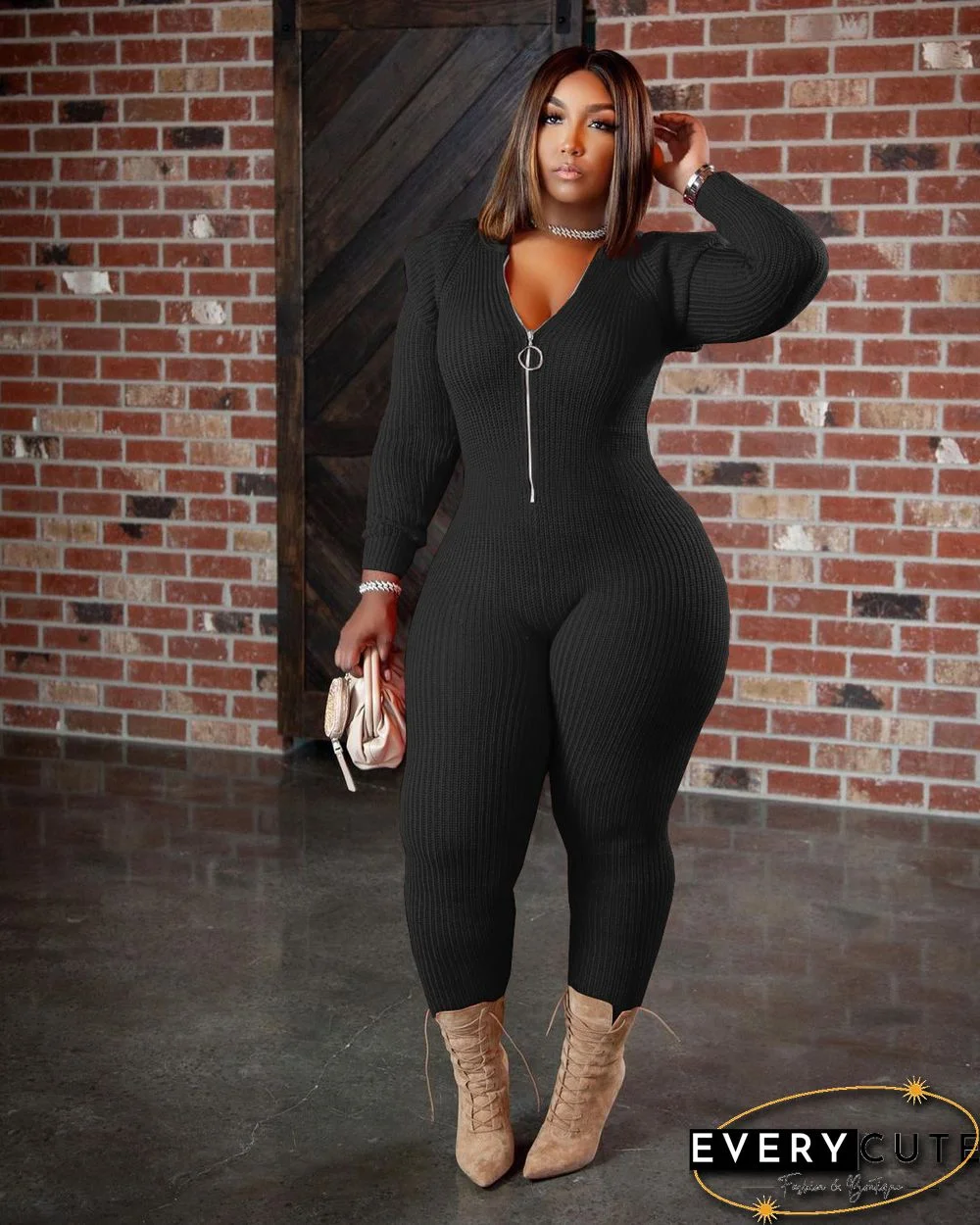 Knitted Long Sleeve Shoulder Padded Hooded Jumpsuit