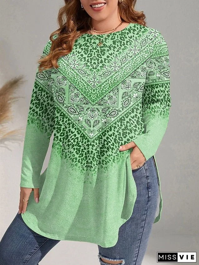 Women's Plus Size Curve Casual Dress Winter Dress T Shirt Dress Tee Dress Leopard Paisley Mini Dress Long Sleeve Print Crew Neck Fashion Outdoor Pink Blue Fall Winter L XL 2XL 3XL 4XL
