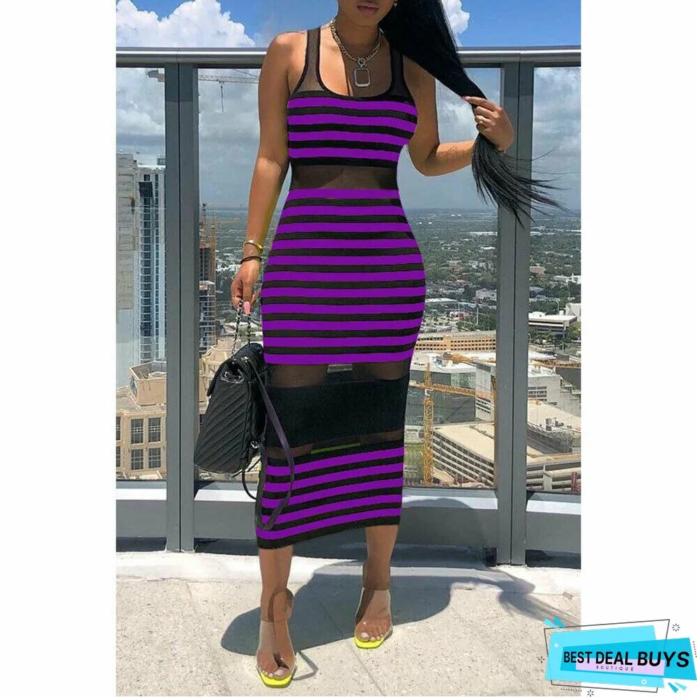 Women Striped Sleeveless Bandage Bodycon Dress Summer Beach Ladies Casual  Holiday Party Slim Dress Sundress